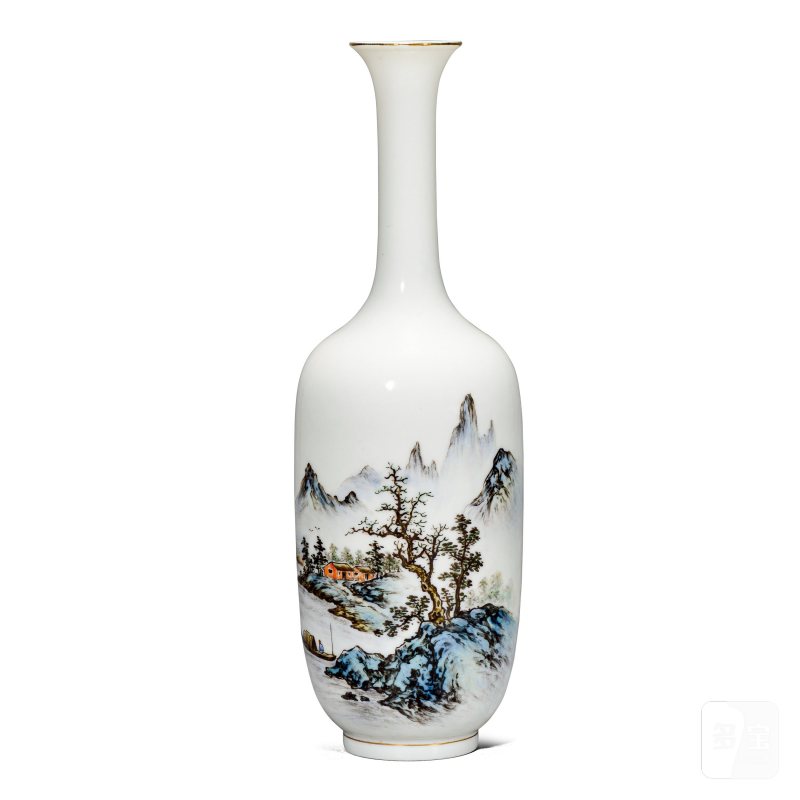近现代 薄胎山水长颈瓶